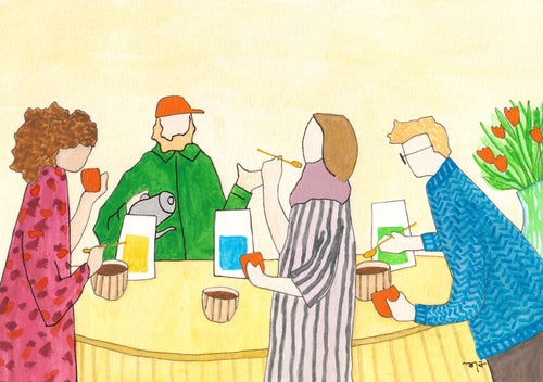 Kaffeprovning, illustration av människor som testar kaffe.